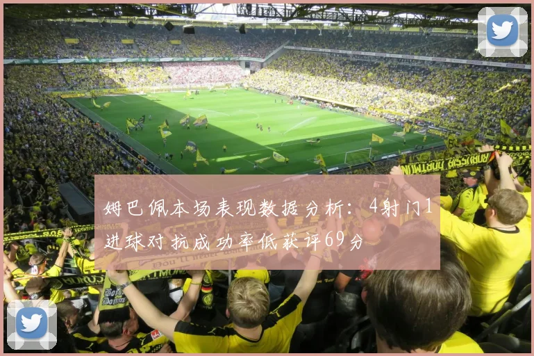 姆巴佩本场表现数据分析：4射门1进球对抗成功率低获评69分